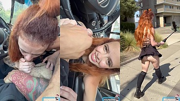 Secret Car BJ and Public Cumwalk - No Panties!