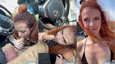 Secret Car BJ and Public Cumwalk - No Panties!