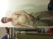 Shaved-smooth sissyboy femboy bisexual male slut strips strokes cock
