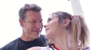 sweet cheerleader girl with pigtails and no tits seduce to old young fuck by her coach when home alone