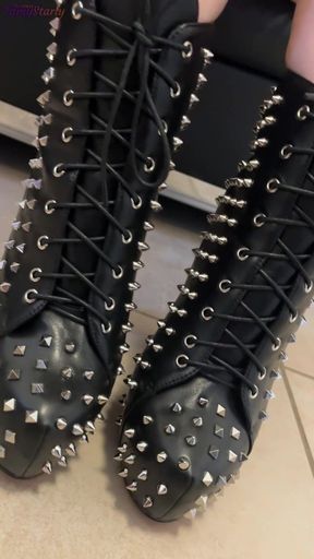 Painful CBT and Bootjob in Dangerous Spike High Heels - Shoejob, Ballbusting, CBT, Stomp, Trampling, Crush