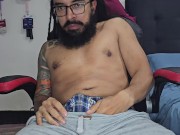 Rasta tattooed guy jerking off oiled up, two hands masturbation, cumming hard