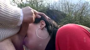 Big tits brunette banged in threesome outdoor