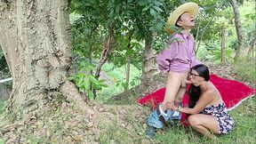 Busty stepmother, perverted slut, has sex in the countryside outdoors with her stepson - WHAT A TASTY BLOWJOB