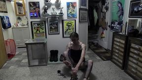 foot covers, fishnet stockings and satin camisole