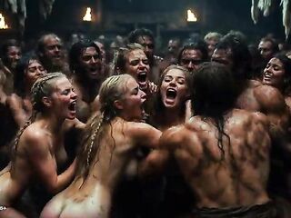 [AI-generated] Future Rave Viking Pre-Fuckfest Party: Nude Messy Viking Sweethearts Tease Warriors with Large Breasts