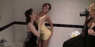Hot college sluts dildo fuck each others slits in the shower