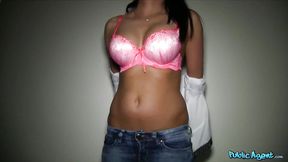 Mature woman with large tits takes a creampie on her back in public