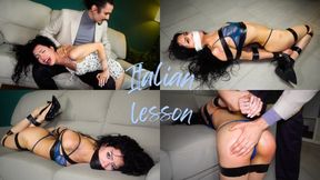 Italian Lesson - Persefone & Leon - 4K MP4 - Spanking brunette, tape hogtied, wheelbarrow, massage oil, otk, bare bottom spanking, teacher, student, wrap around tape gag, microfoam, wooden spoon, bare handed spanking
