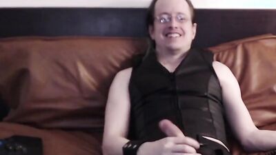 Webcam session in leather, loud orgasm with cum eating