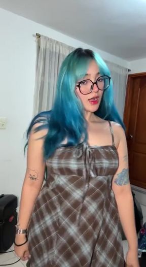 Curvy blonde gets frisky in a plaid jumpsuit during her solo naughty