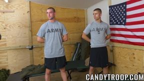 Muscle military studs pounding hard while sergeant watches