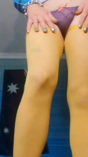 Floor View in My Sexy Purple Dress and Yellow Stockings and Purple Pantys