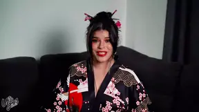 Asian girl with big natural tits sucks cock in a kimono