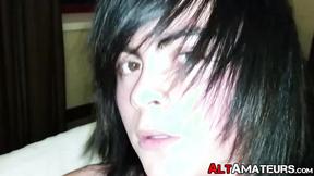 ”Horny goth twink whips out his dick for sexy masturbation”