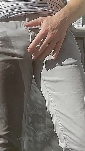 Jules Wets His Grey Pants and Exposes His Semi-hard Cock Through His Trousers