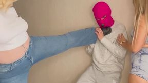 A demonstration of two Ukrainian women kicking a guy (no translation)