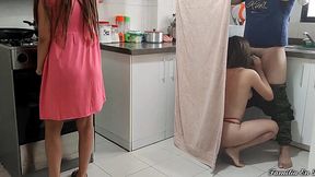 Dude fucks his stepsis in the ass while his wife cooking