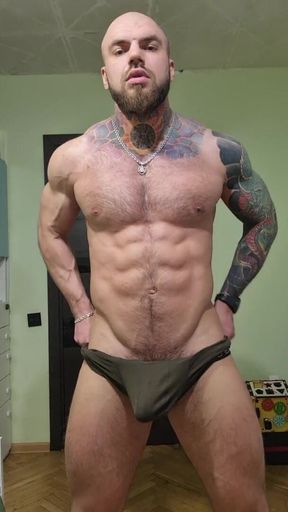 Bald Tattooed Jock Flex Muscles and Jerking