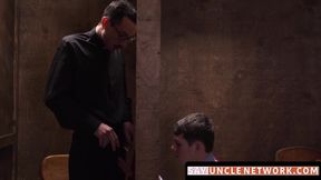 Forbidden church barebacking as daddy priest seduces twink