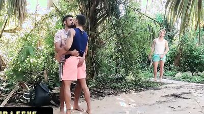 Handsome guy runs into two gay dudes and joins for an outdoor threesome