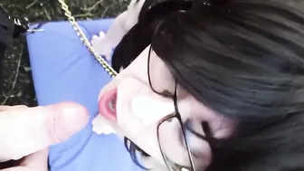 Sissy crossdresser leashed and pissed on before outdoor facefuck