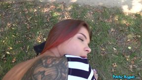 Fiery Russian redhead captivates with allure in a bold public affair