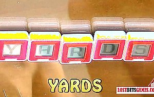 One guy and two pretty girls play a strip word creation game