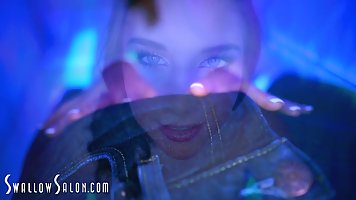 Blue- eyed brunette, Felicity Feline is kneeling on the floor while sucking a rock hard dick