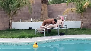 Tiny Pink Haired Trans Cutie Sucks Huge Cock by the Pool &amp_ Gets Blowjob