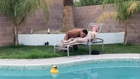 Tiny Pink Haired Trans Cutie Sucks Huge Cock by the Pool &amp_ Gets Blowjob