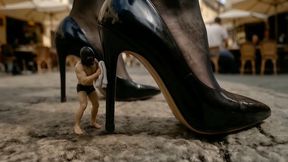 Mini movie 40 minutes long version : shrunken slave at my mercy in the public square, nearly devoured, crushed in hand, used to clean and lick giant high heels, crushed merciless