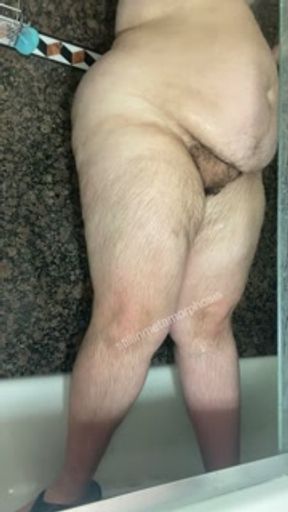 Hairy BBW w/ huge ass &amp; small tits washes hairy pussy in shower
