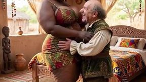 Huge ebony lady services midget dude's white cock in AI-generated interracial