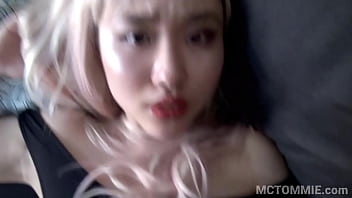 Beautiful Asian 18yo teen fucks in a pink wig and in a leotard and gets a big facial