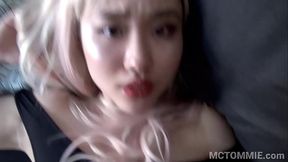 Beautiful Asian 18yo teen fucks in a pink wig and in a leotard and gets a big facial