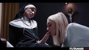 Nun Clara Trinity transforms into a futa goddess and tears apart Chloe Temple's little holes