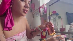 Mukbang OverEating Sploshing FaceStuffing Teen Mozzarella Sticks Cheese Pull Chicken Spicy Petite Girl Eating Tons Food Stuffing