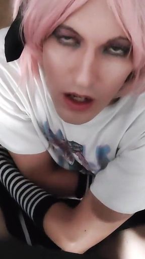 Shemale with Pink Hair in Cute Lingerie