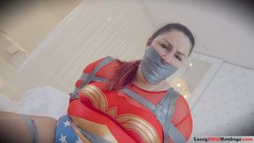 Lacey - Frogtied and Tape Gagged as Wonder Woman by Stepbrother FULL Video 4K ( BBW Bondage , Frogtie , Cleave Gag , Duct Tape Gag , Bound Orgasms )