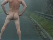 Busted naked in road spreading arse