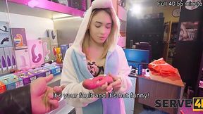 Great service from a busty brunette in a european sex shop