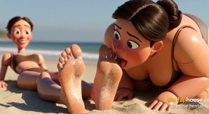 Fat Woman Licking Sandy Feet of Skinny Girl - Beach Humiliation