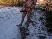 Penis pump ball weights fishnet bodysuit and naked in public