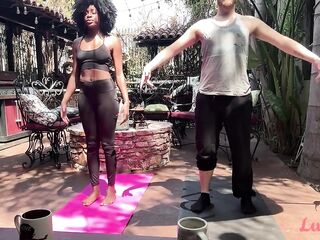 Down Doggy: Ebony chick doing perspired in nature's garb Yoga and grinding on white interracial boyfriend