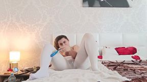 sexy big boobs white pantyhose plays with dildo and he caught and put the dick on her mouth