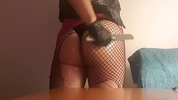 Sissy In Pink Mini Skirt and Fishnets Sploosh