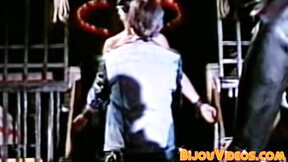 Submissive stud receives blowjob in retro 3some