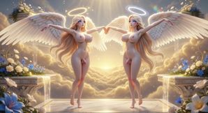 Stunning Busty Archangels with Majestic Wings Passionately Embrace in Celestial Paradise near Golden Waterfall
