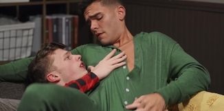 Insolent males fuck on the couch after they gag each other in a sexy foreplay